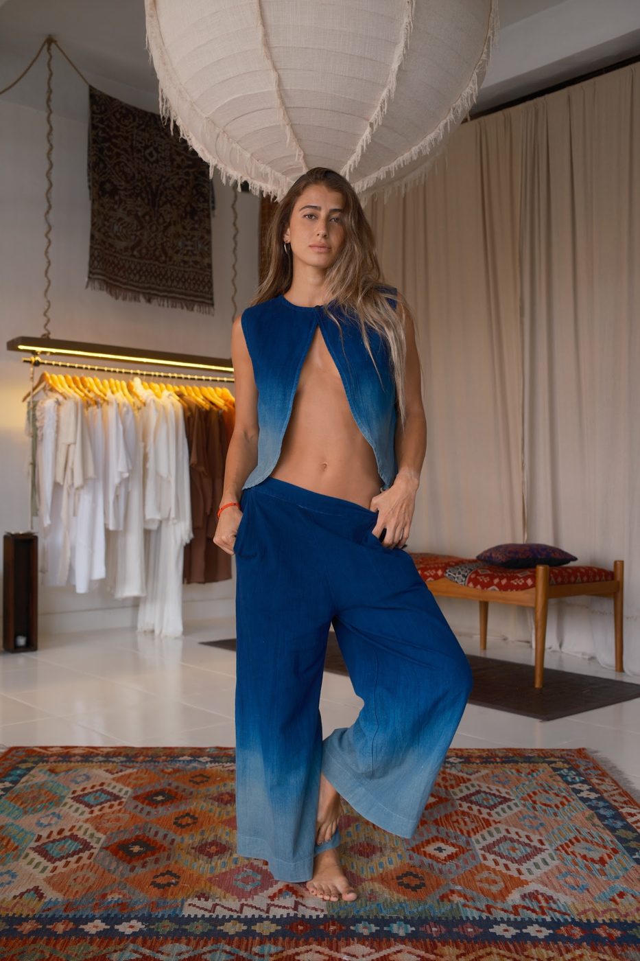 Open-front top & pants, indigo