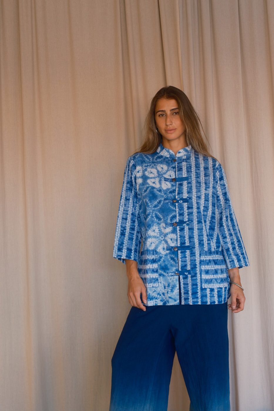 Mandarin shirt, royal blue tie-dye