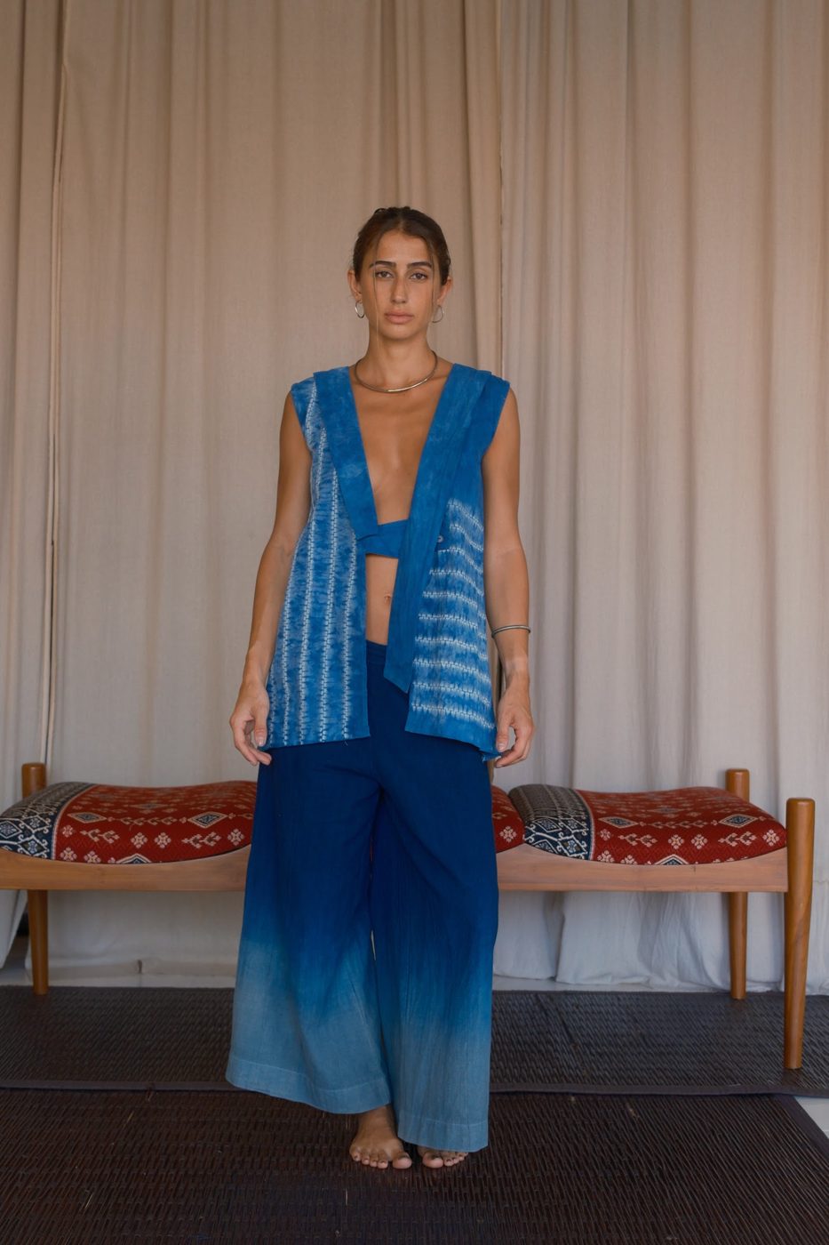 Open-front vest, indigo